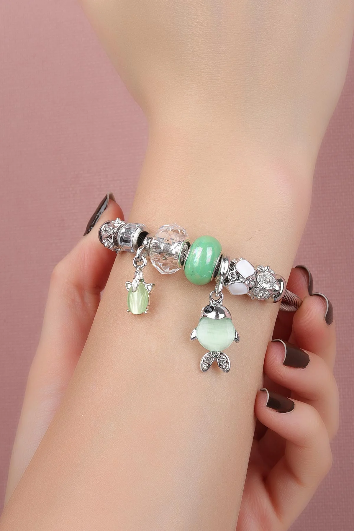 Yeşil Gümüş Taş ve İnci Detaylı Çelik Pandora Bileklik 309939