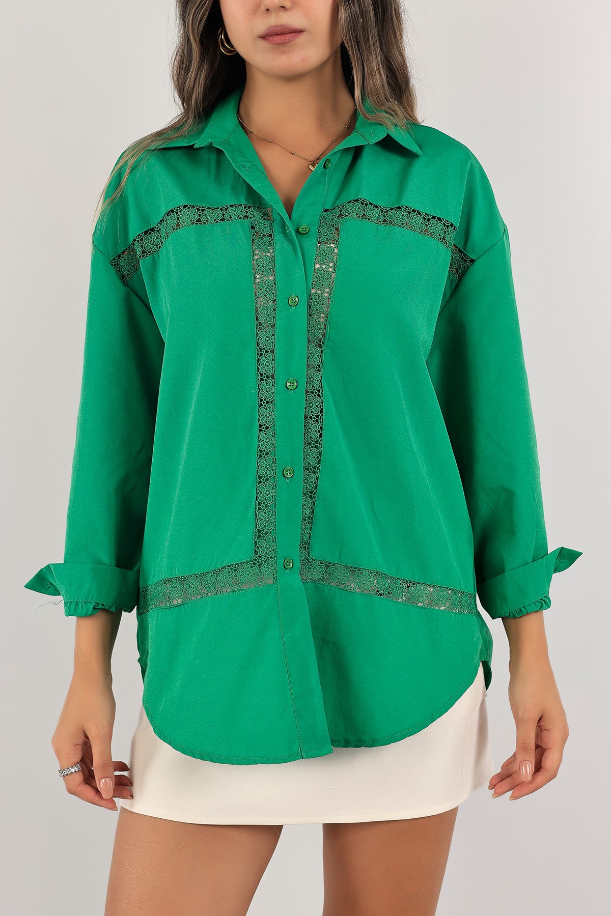 Yeşil Güpürlü Tasarım Poplin Gömlek 124659