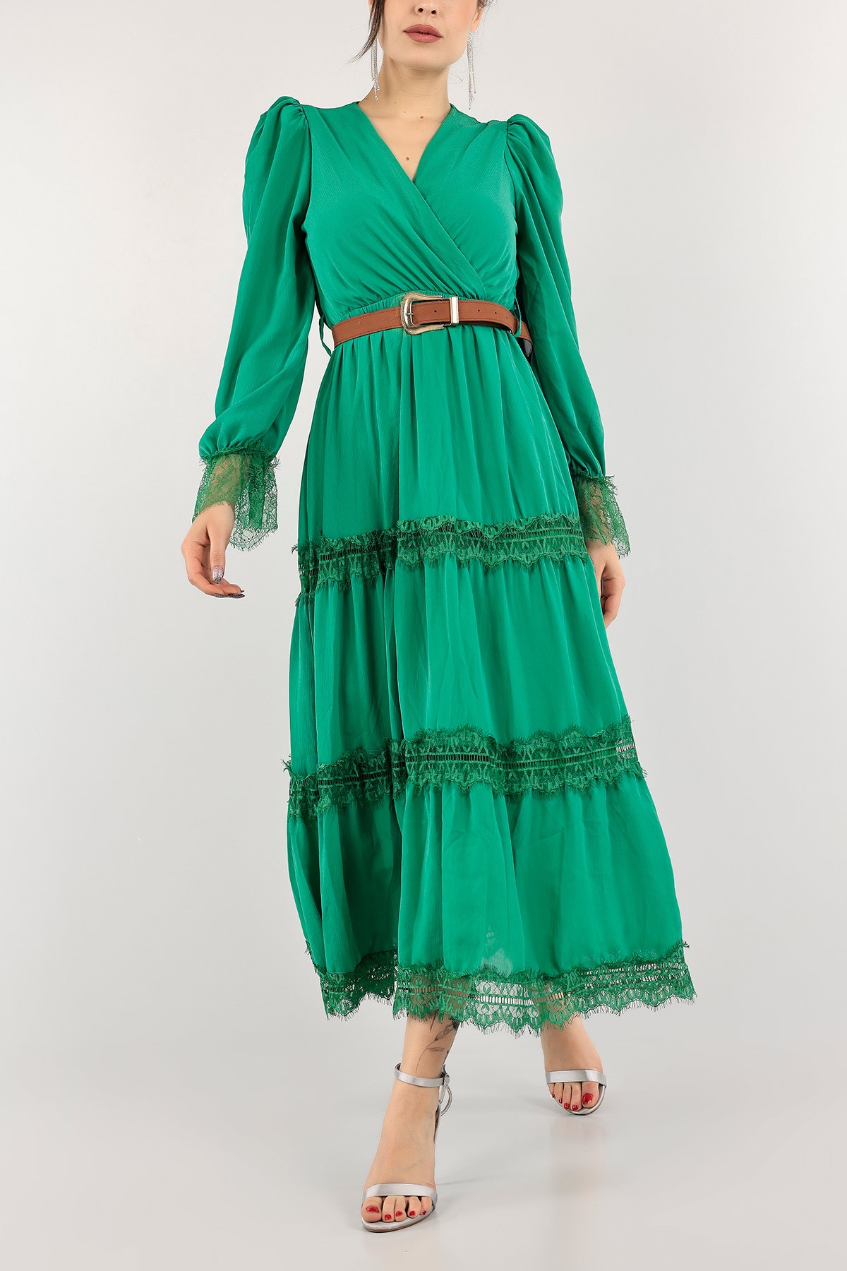 Yeşil Güpürlü Tasarım Şifon Elbise 115703