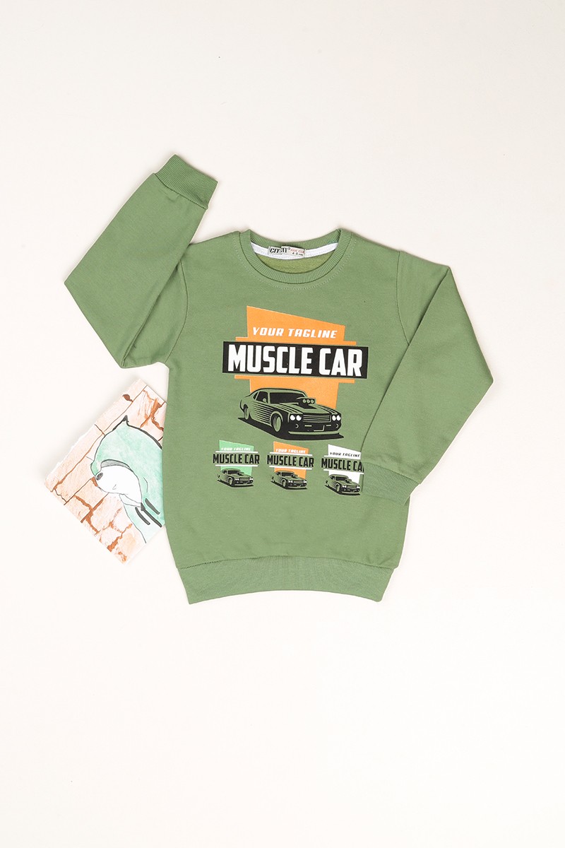 Yeşil İçi Şardonlu Araba Baskılı Erkek Çocuk Sweat 81081