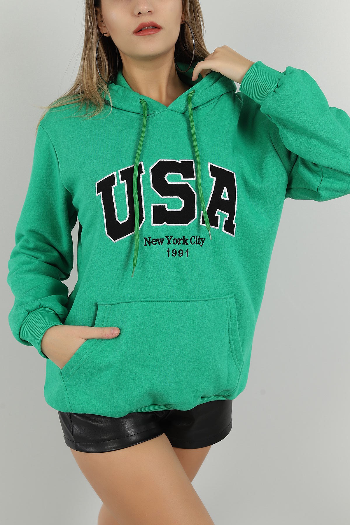 Yeşil İçi Şardonlu Kapüşonlu Bayan Sweat 146381