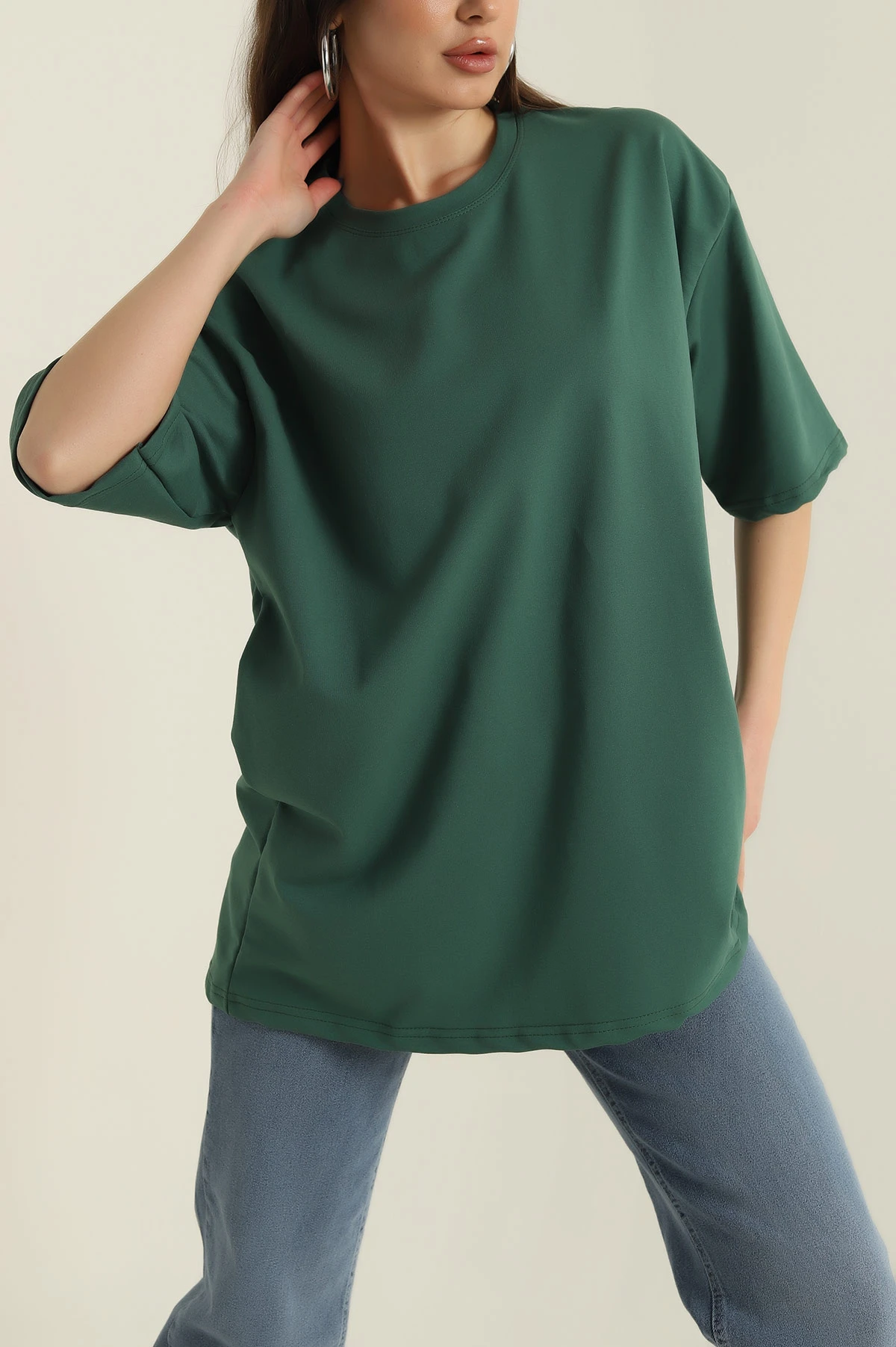 Yeşil İki İp Bisiklet Yaka Kadın Oversize Tişört 423909