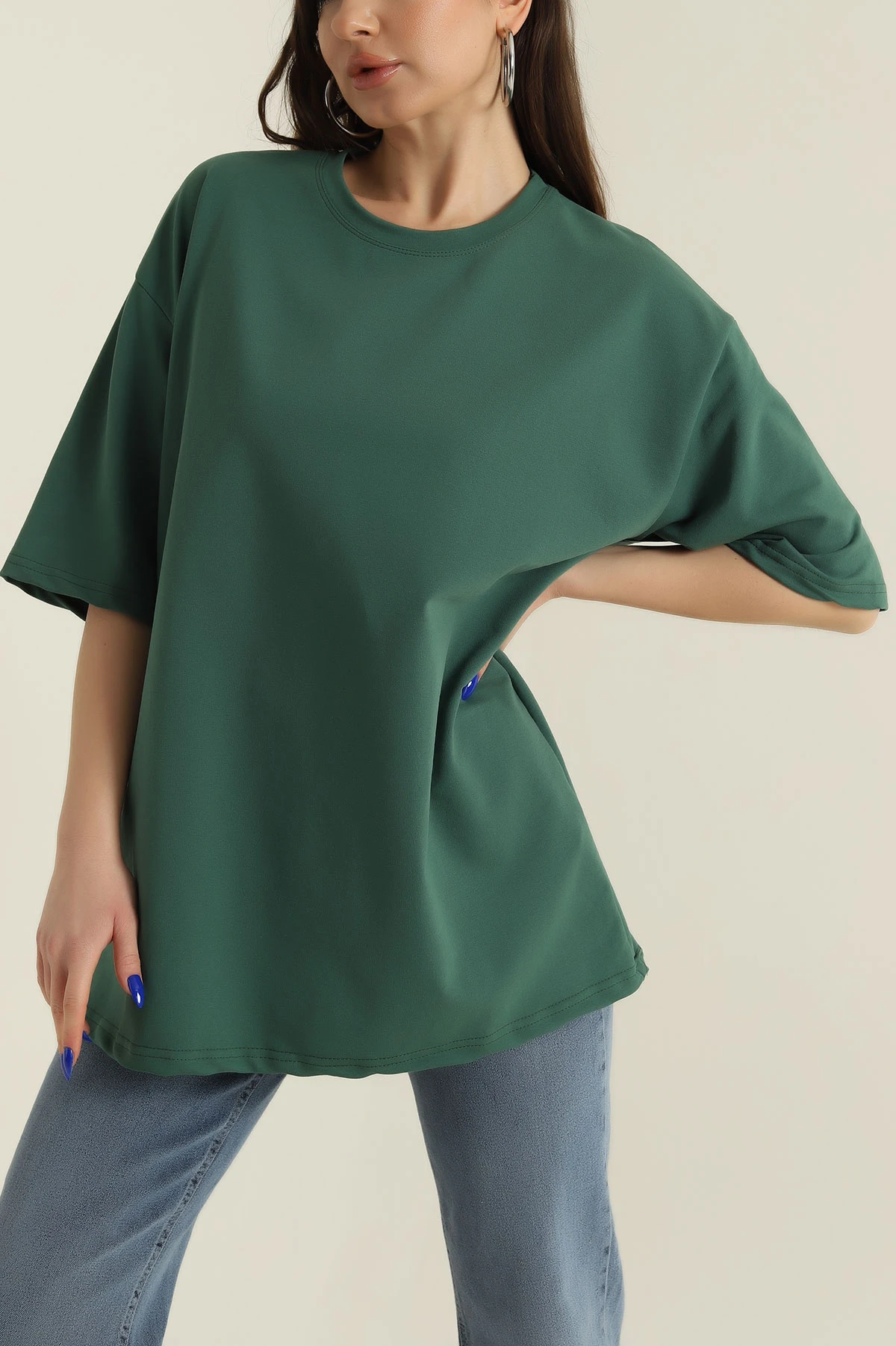 Yeşil İki İp Bisiklet Yaka Kadın Oversize Tişört 423909
