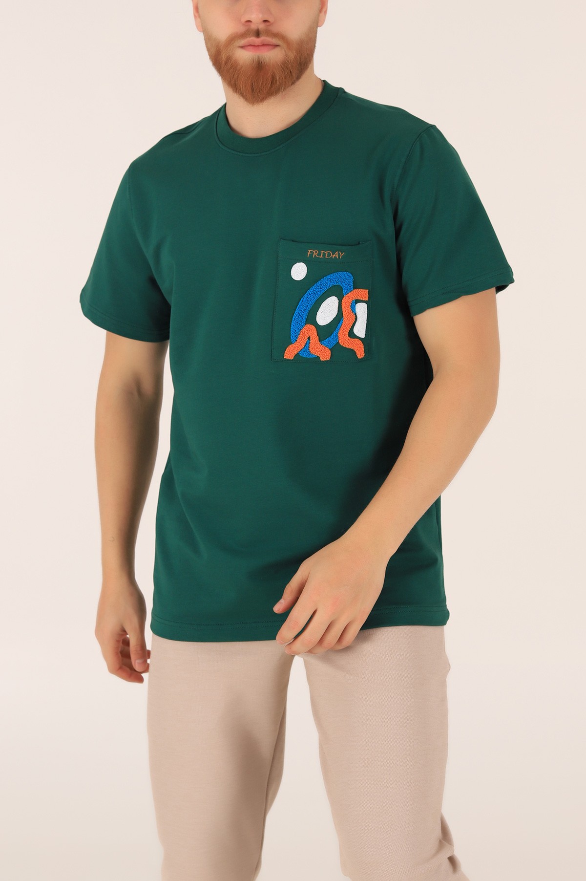 Yeşil İki İp İşlemeli Oversize Erkek Tişört 163746