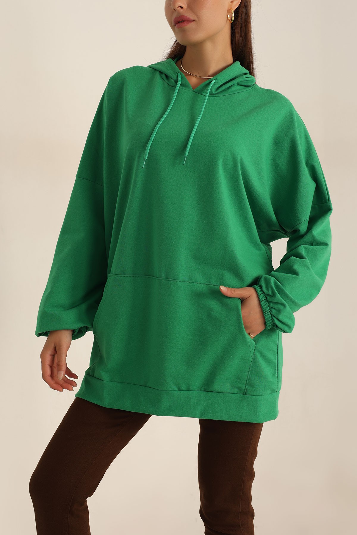 Yeşil İki İp Kapşonlu Sweat Tunik 198443