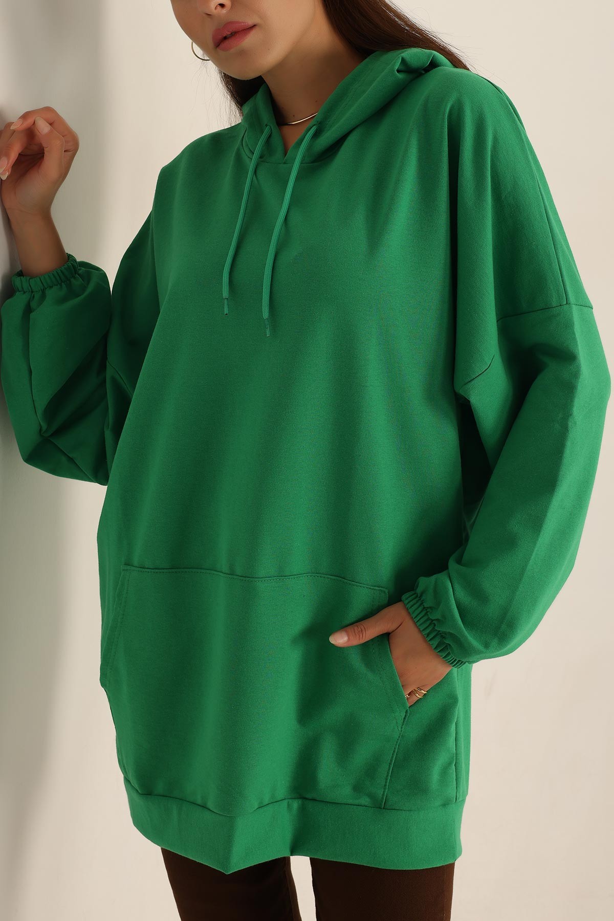 Yeşil İki İp Kapşonlu Sweat Tunik 198443