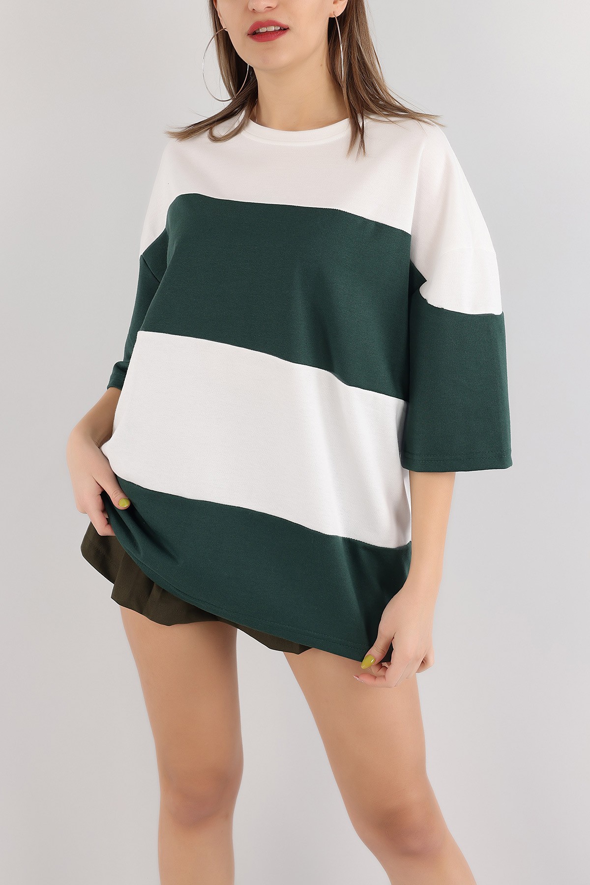 Yeşil İki İp Oversize Bayan Tişört 166249