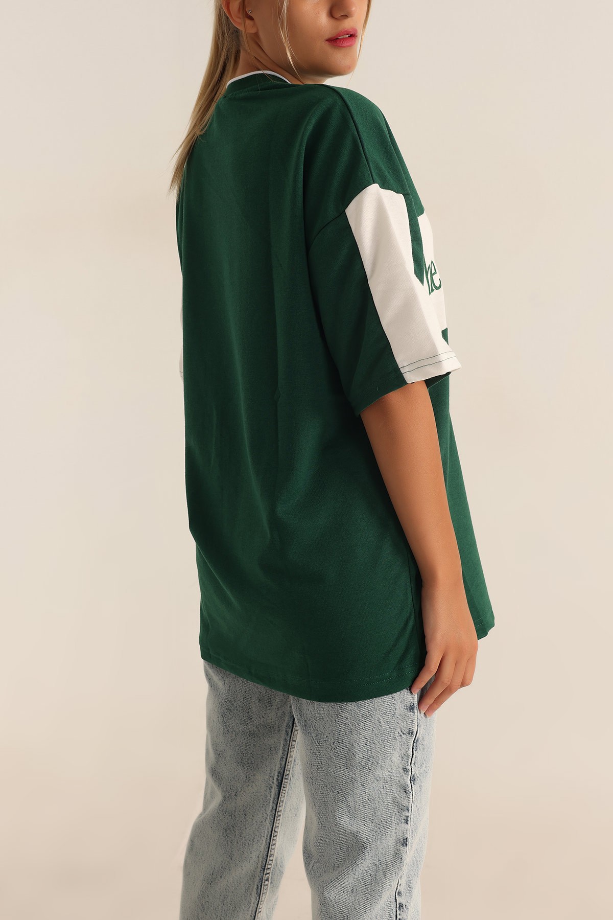 Yeşil İki İp Oversize Bayan Tişört 193675