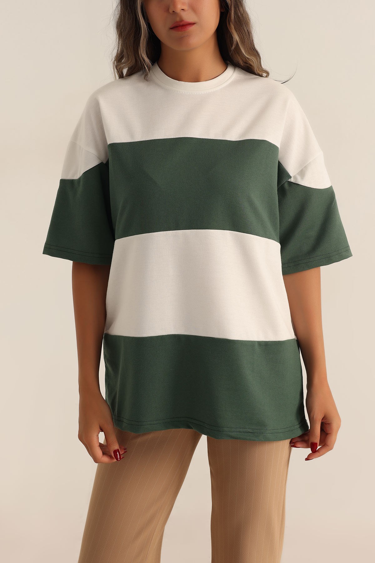 Yeşil İki İp Oversize Bayan Tişört 193677