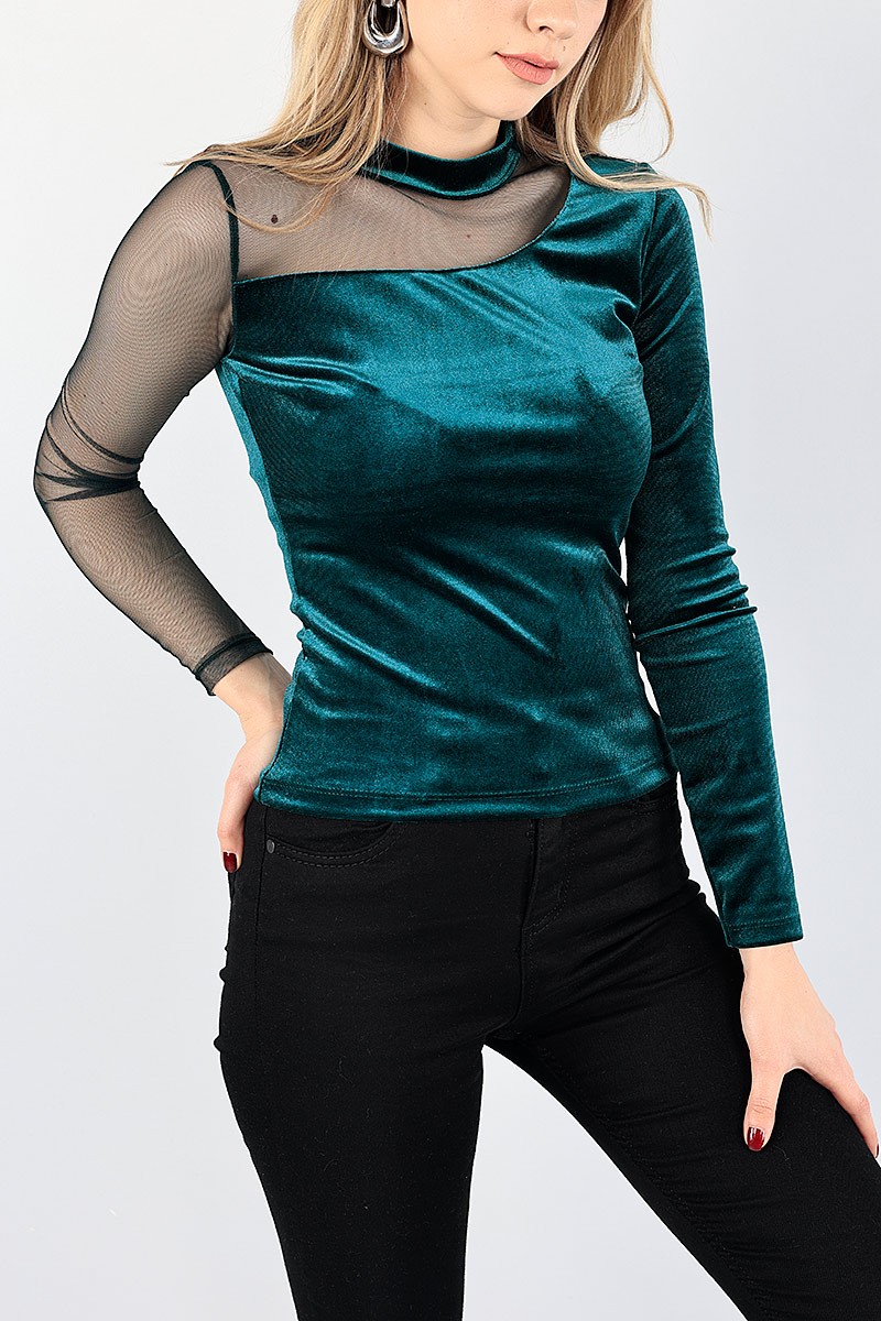 Yeşil Kadife Tül Detay Bluz 87216