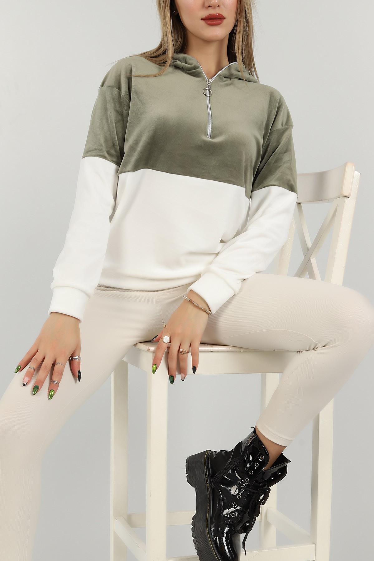 Yeşil Kadife Yarım Fermuarlı Sweat 147294