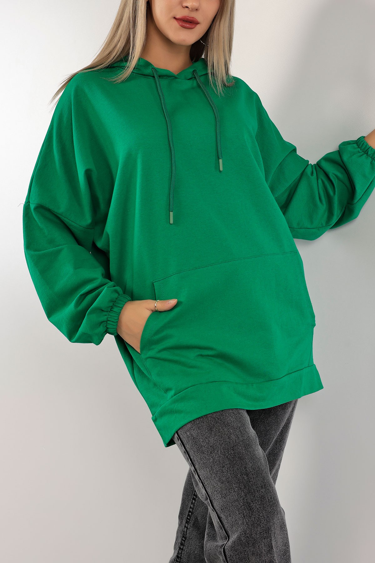 Yeşil Kapüşonlu Cepli İki İp Bayan Sweat Tunik 134978