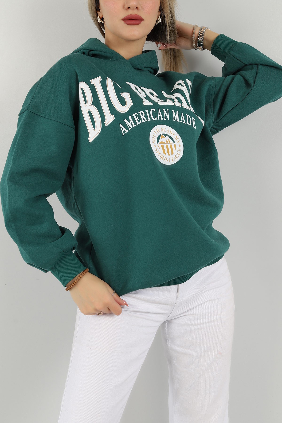Yeşil Kapüşonlu İçi Şardonlu Bayan Sweat 144929