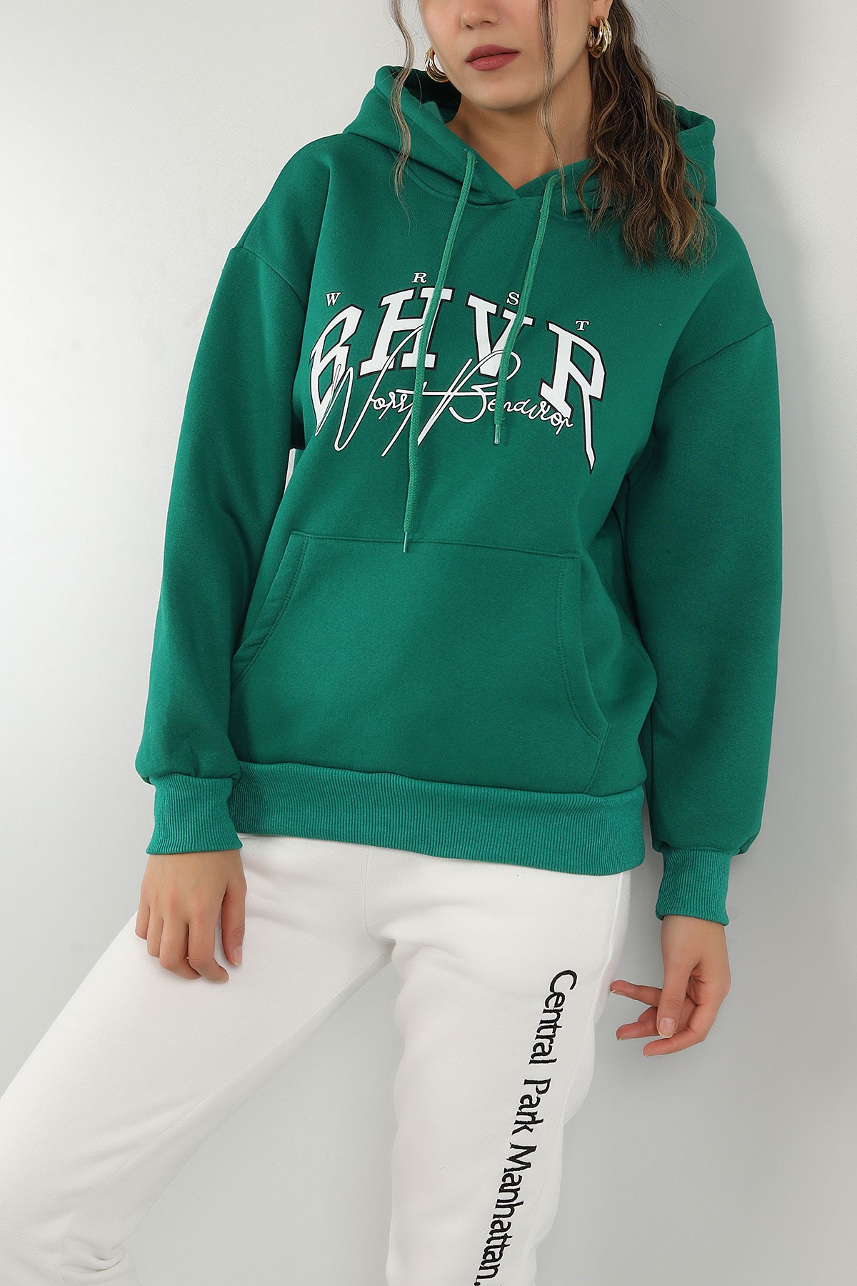 Yeşil Kapüşonlu İçi Şardonlu Bayan Sweat 145304