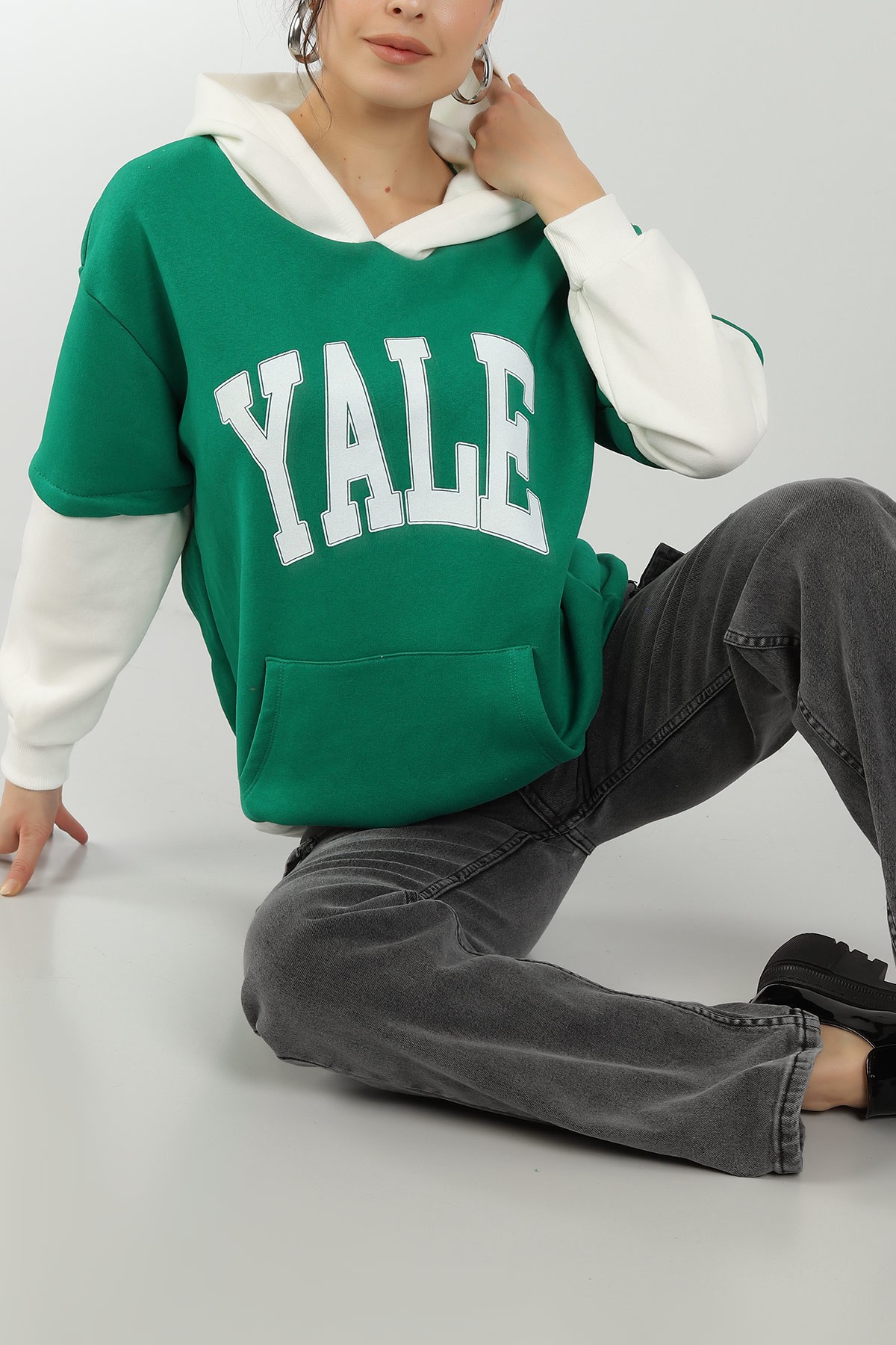 Yeşil Kapüşonlu İçi Şardonlu Bayan Sweat 145562