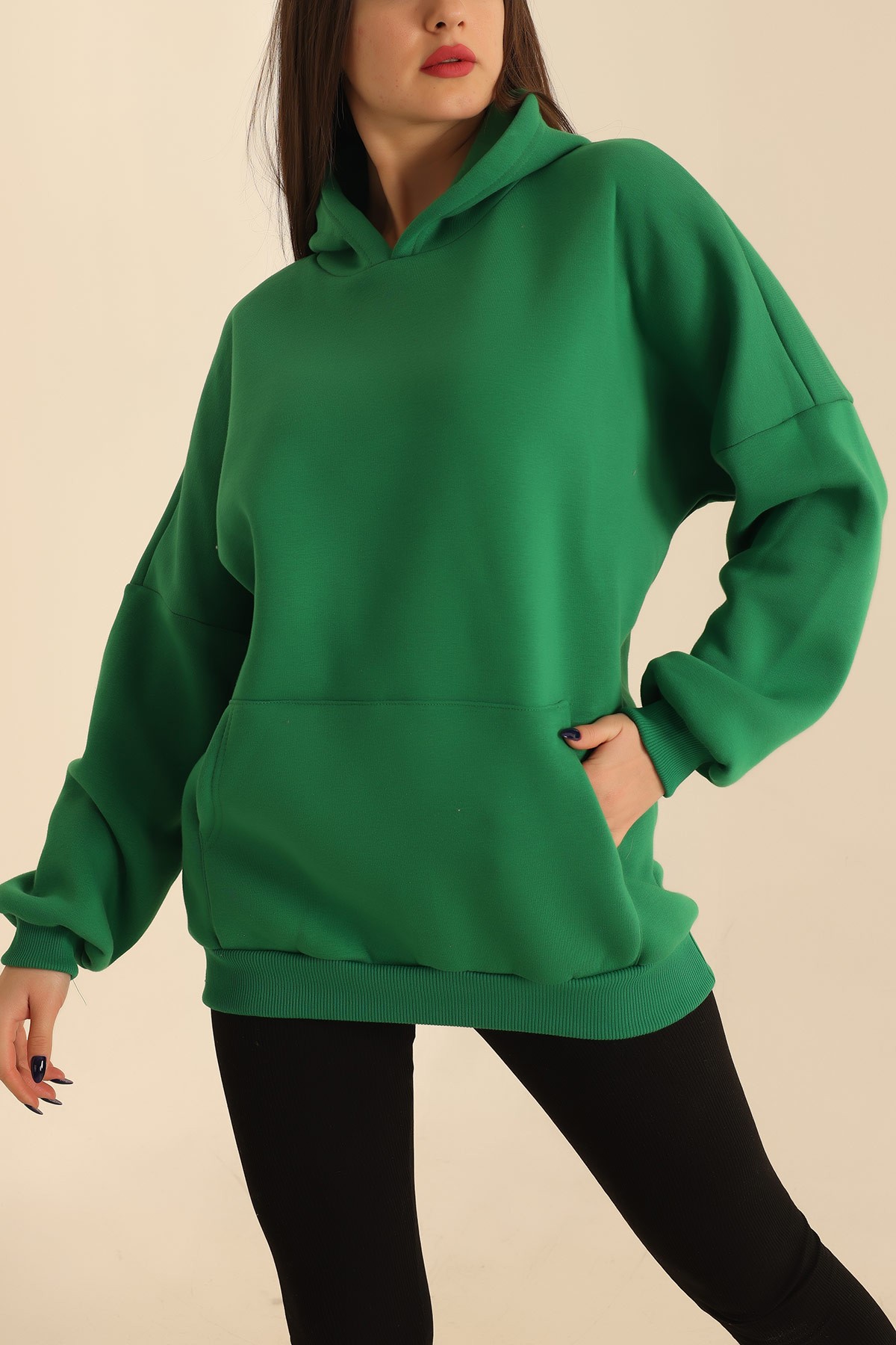 Yeşil Kapüşonlu İçi Şardonlu Bayan Sweat 216585