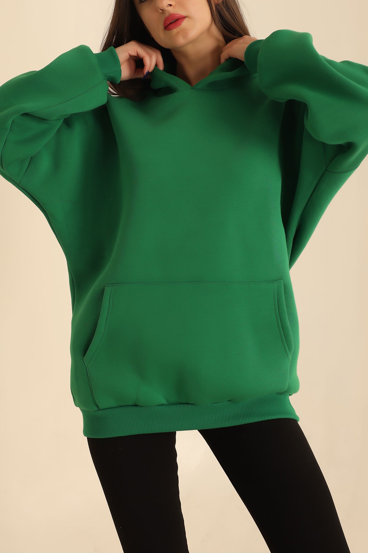 Yeşil Kapüşonlu İçi Şardonlu Bayan Sweat 216585