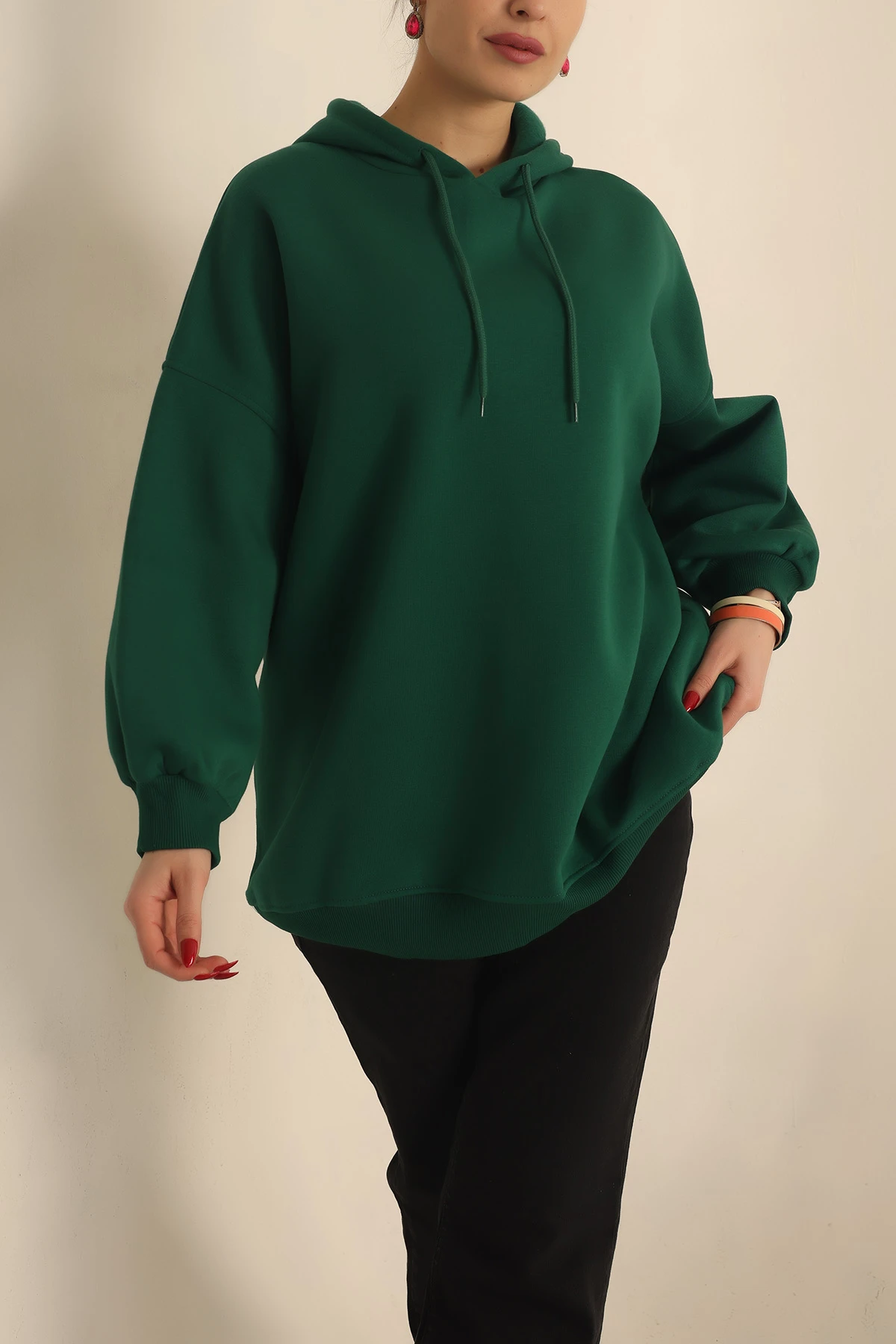 Yeşil Kapüşonlu İçi Şardonlu Oversize Sweat 229546