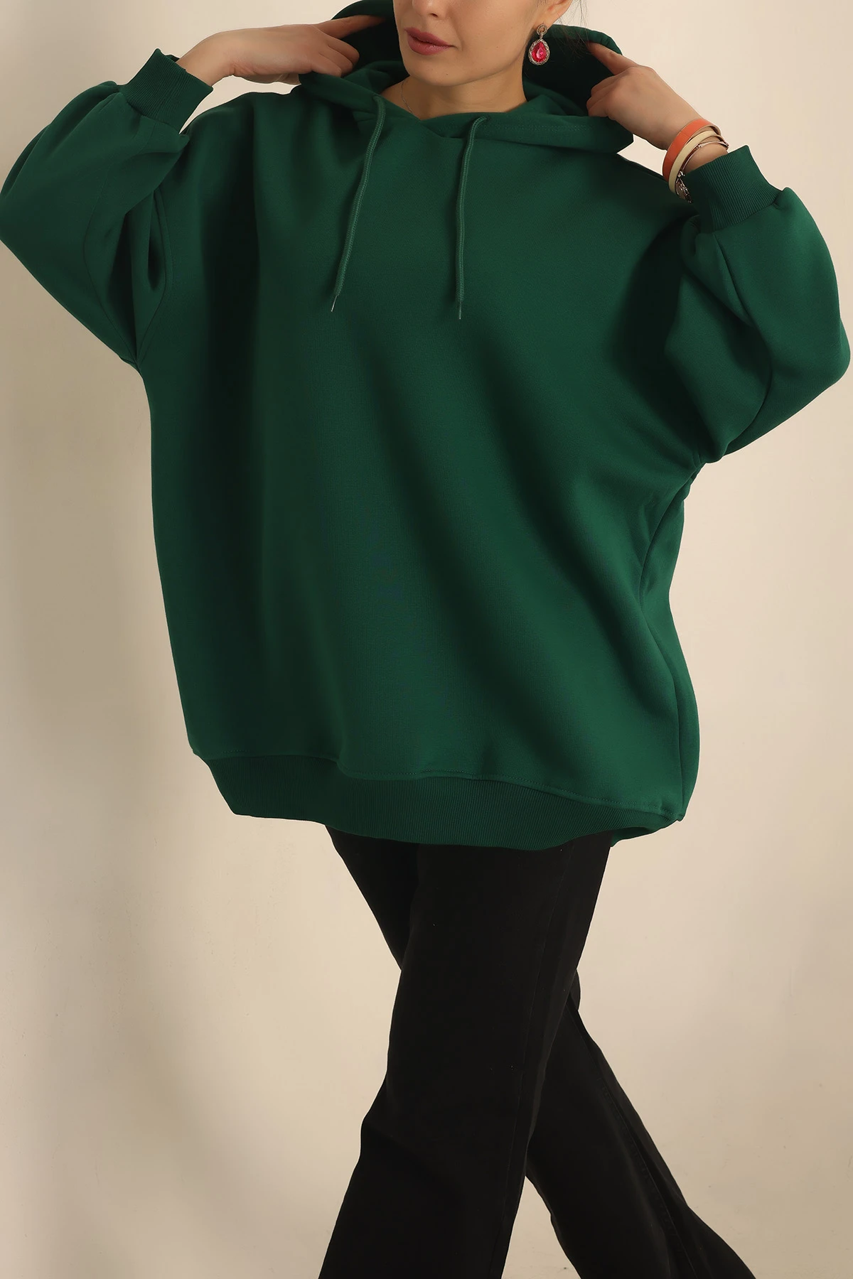 Yeşil Kapüşonlu İçi Şardonlu Oversize Sweat 229546