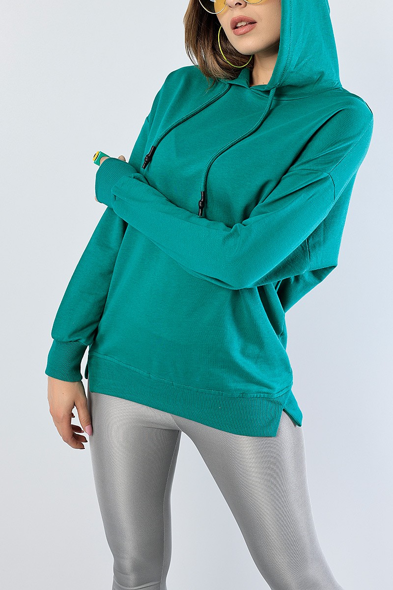 Yeşil Kapüşonlu Likralı Bayan Sweat 81193