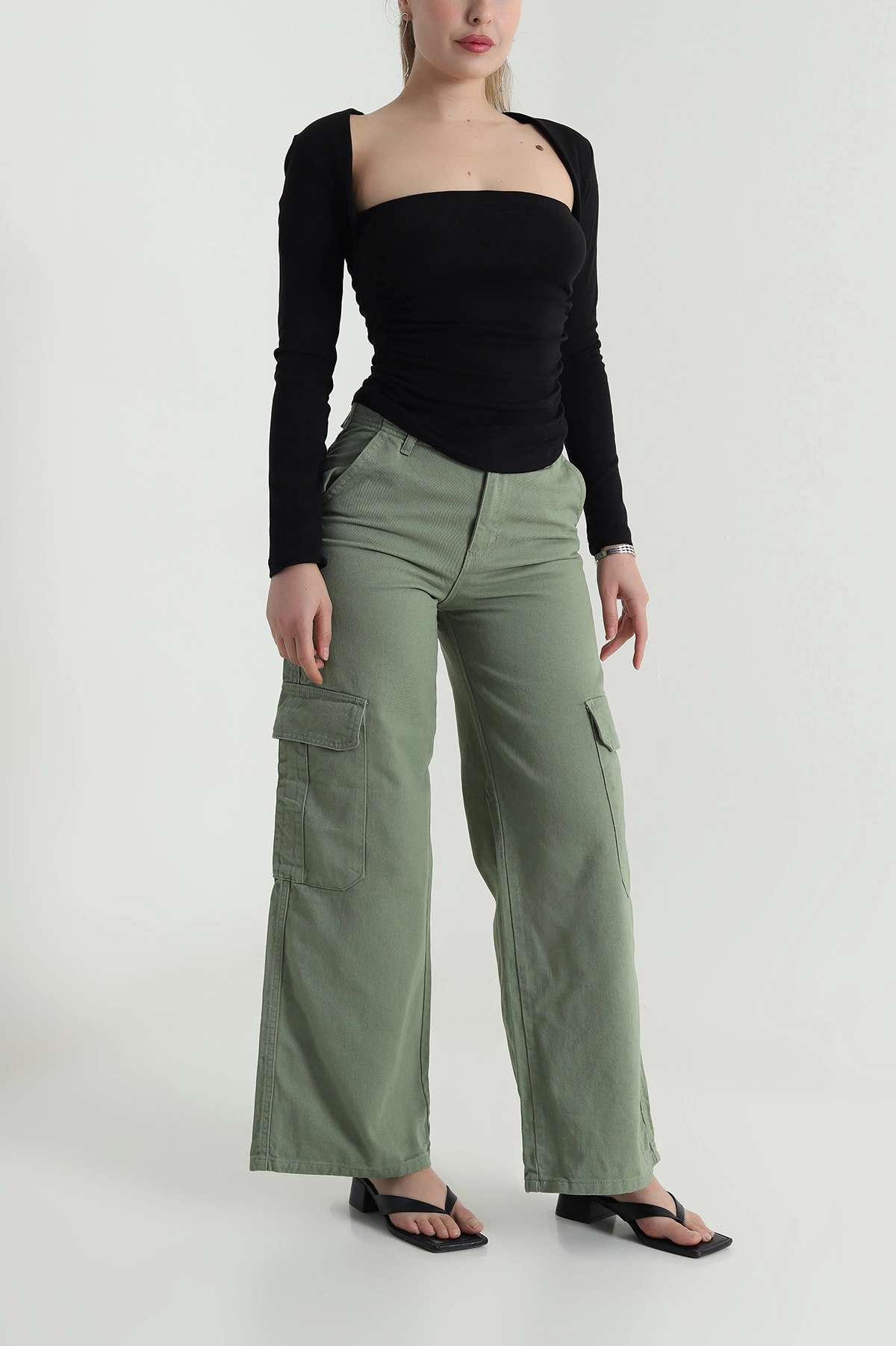 Yeşil Kargo Cepli Kadın Kot Pantolon 484497