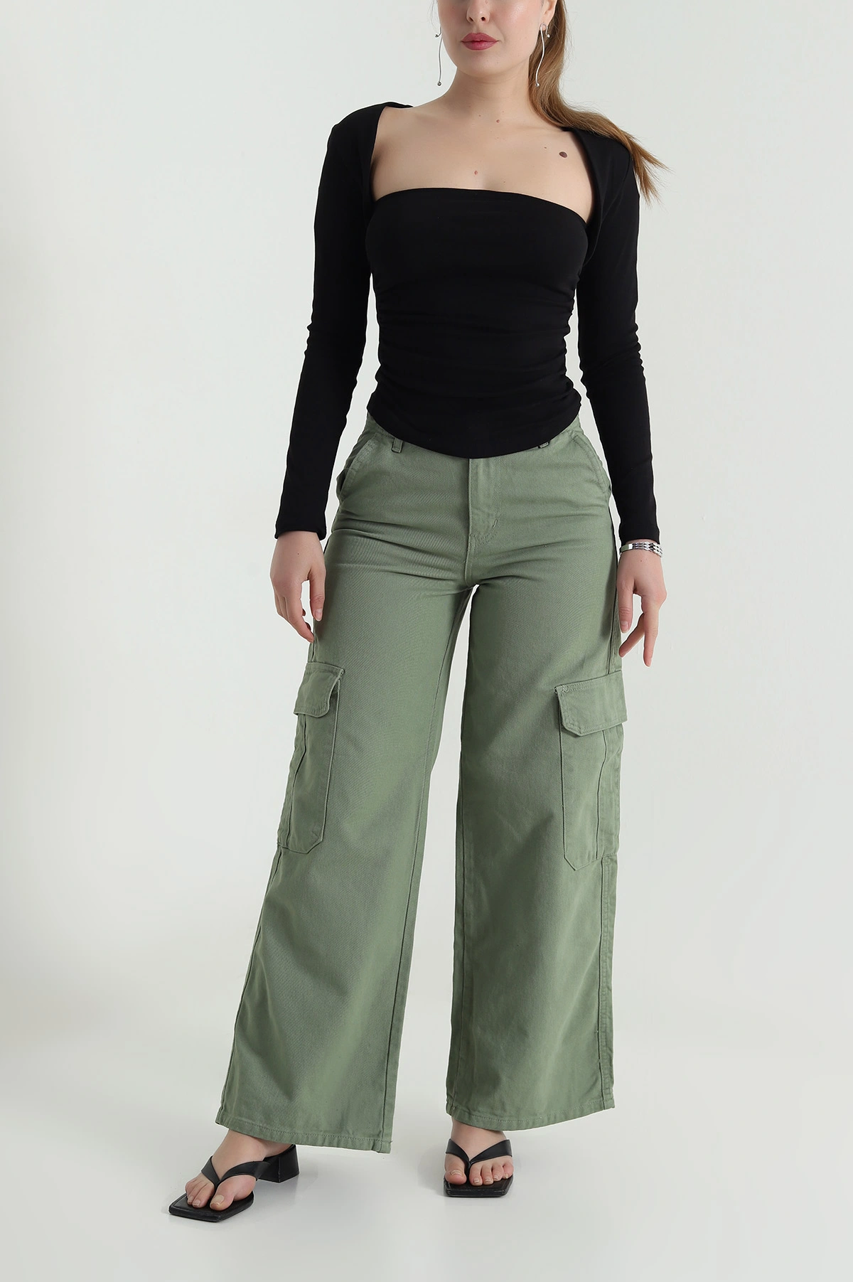 Yeşil Kargo Cepli Kadın Kot Pantolon 484497