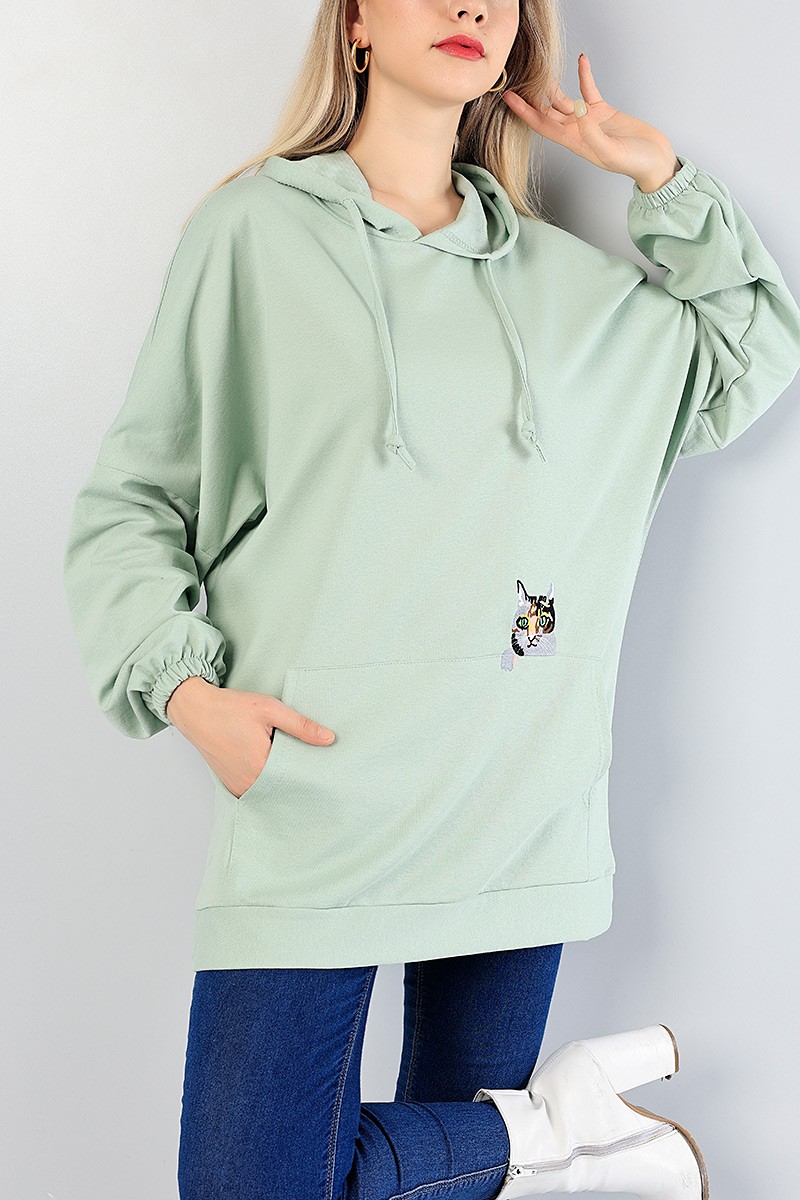Yeşil Kedi Nakışlı Sweat Tunik 81335