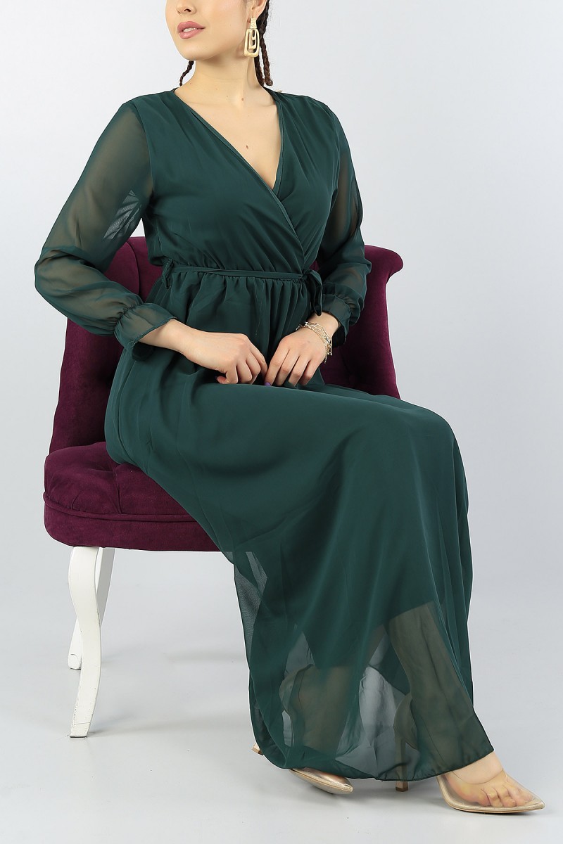 Yeşil Kemerli Astarlı Şifon Elbise 55619