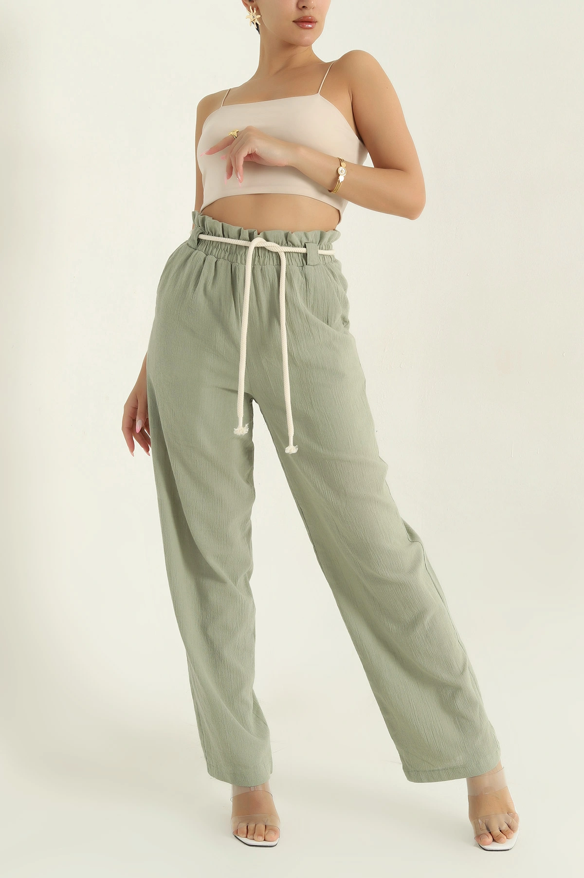 Yeşil Kemerli Keten Kadın Pantolon 377424