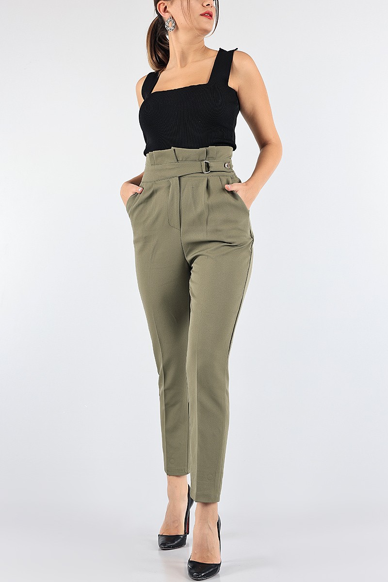 Yeşil Kendinden Kemerli Bayan Pantolon 87648