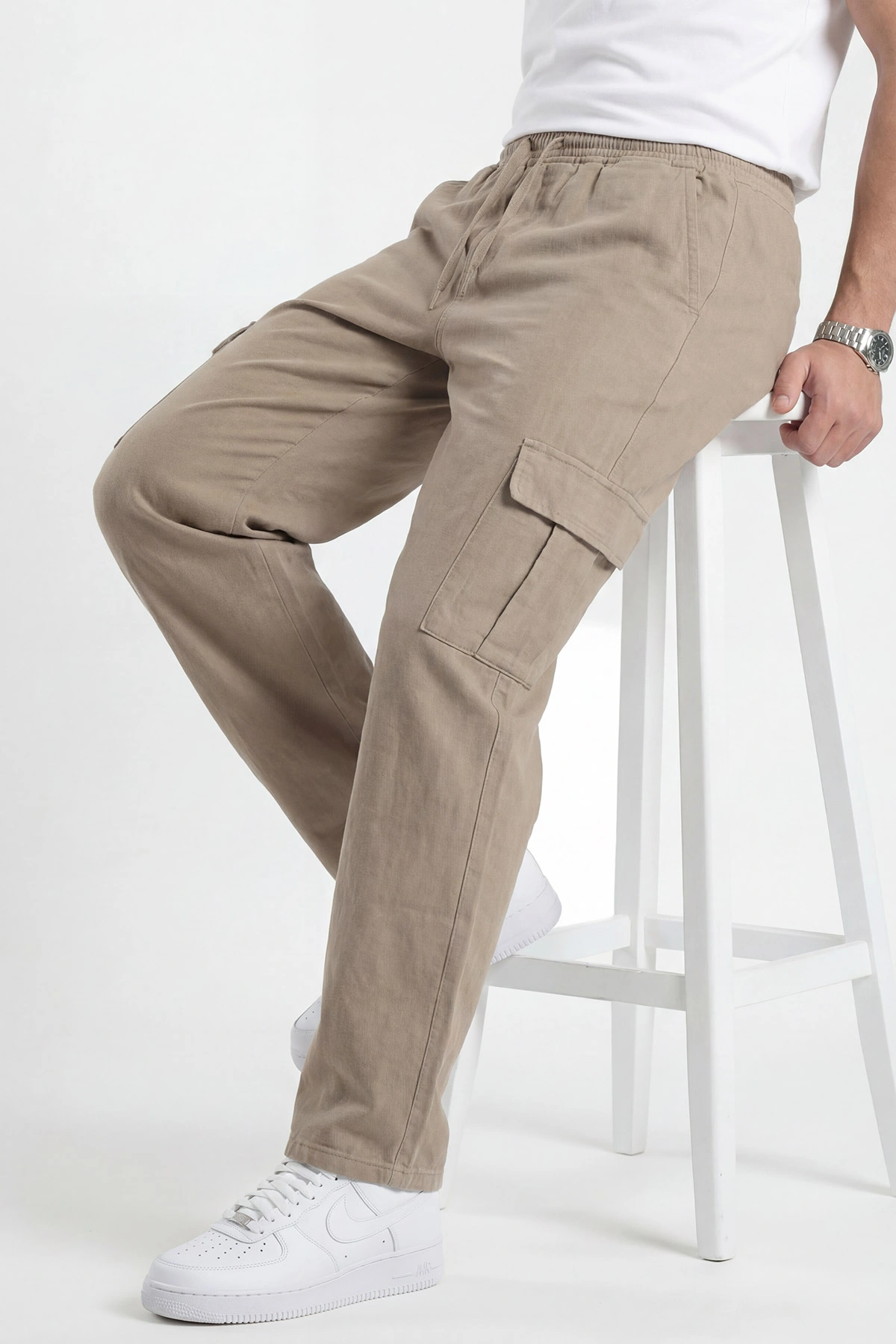 Yeşil Keten Baggy Kargo Cepli Erkek Pantolon 456101