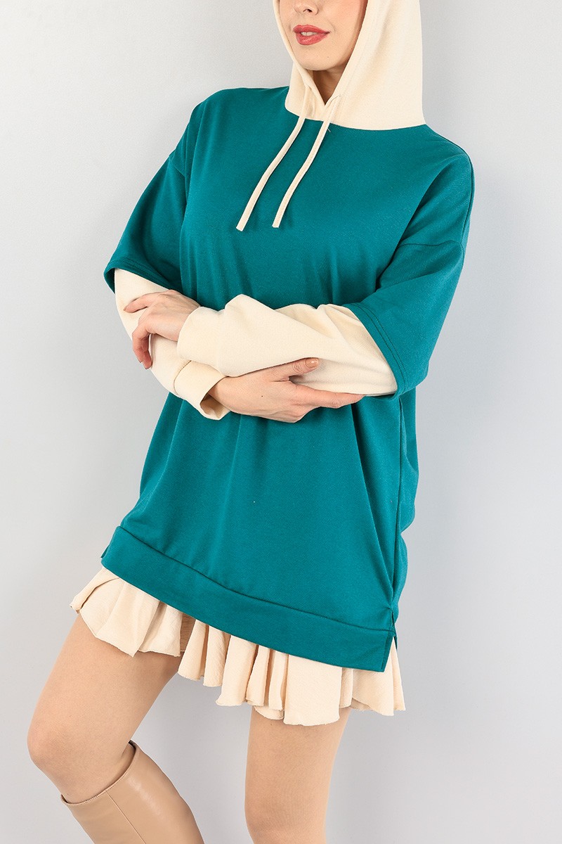 Yeşil Kolları Eklemeli Kapüşonlu Sweat Tunik 88779