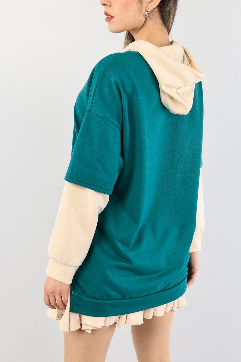 Yeşil Kolları Eklemeli Kapüşonlu Sweat Tunik 88779
