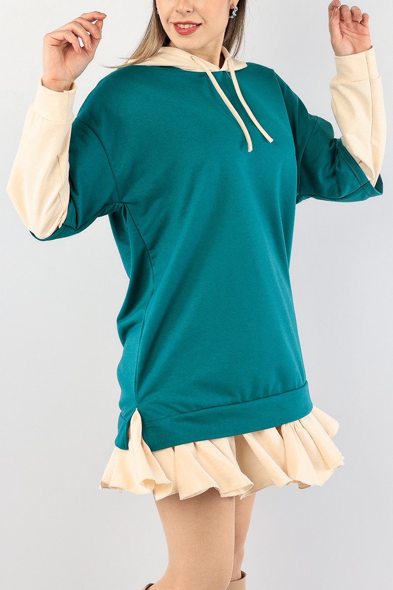 Yeşil Kolları Eklemeli Kapüşonlu Sweat Tunik 88779