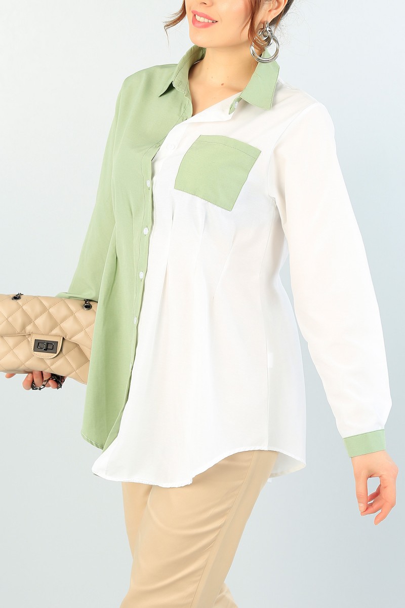 Yeşil Krem Çift Renk Bayan Gömlek Tunik 61356