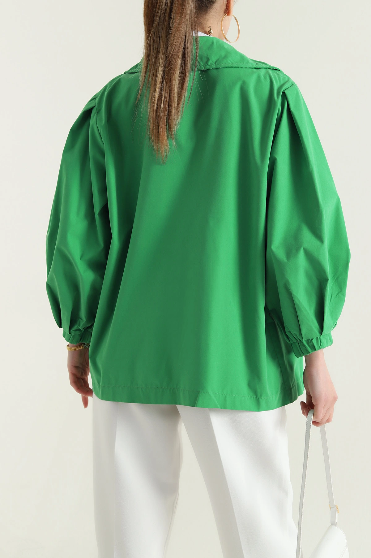 Yeşil Kruvaze Yaka Oversize Trenç Kumaş Kadın Ceket 429806
