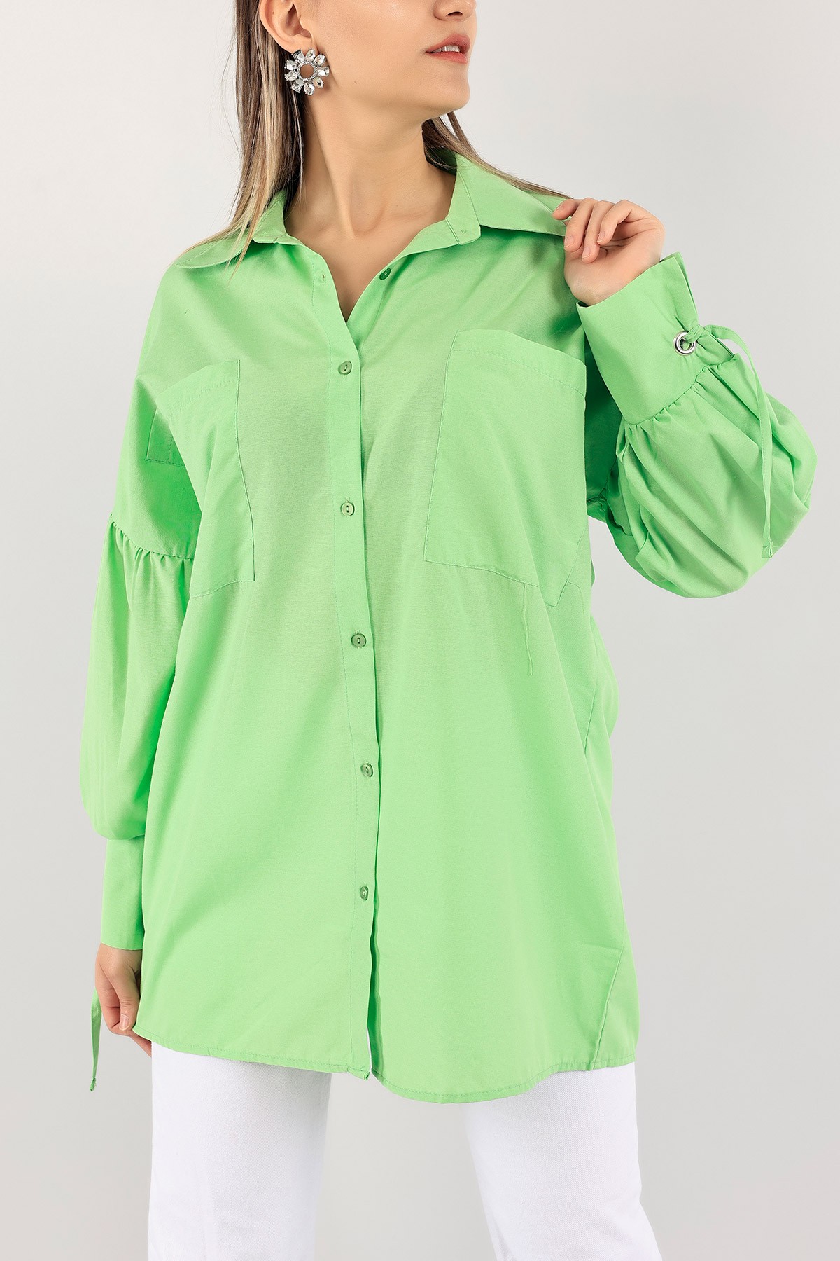 Yeşil Kuş Gözlü Poplin Kumaş Gömlek Tunik 115972