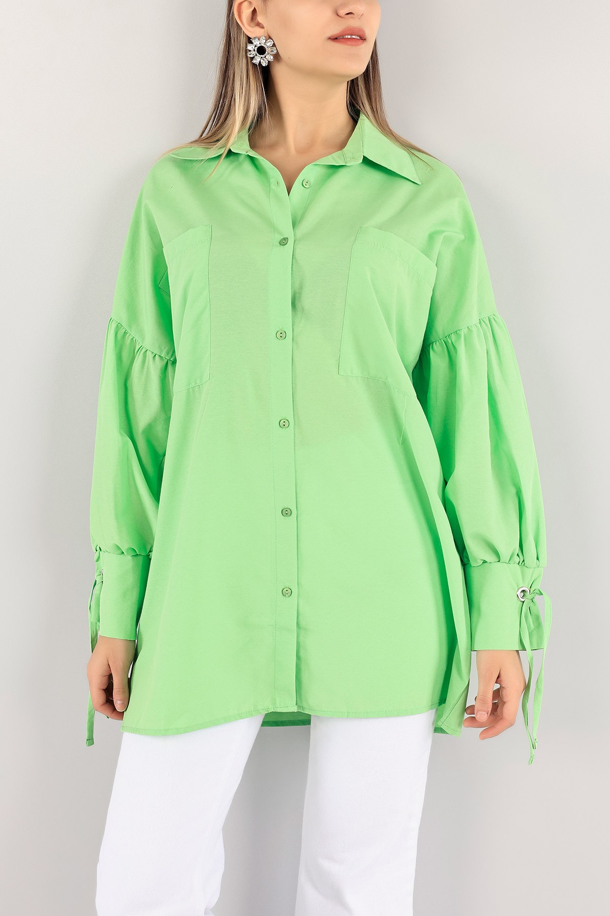 Yeşil Kuş Gözlü Poplin Kumaş Gömlek Tunik 115972