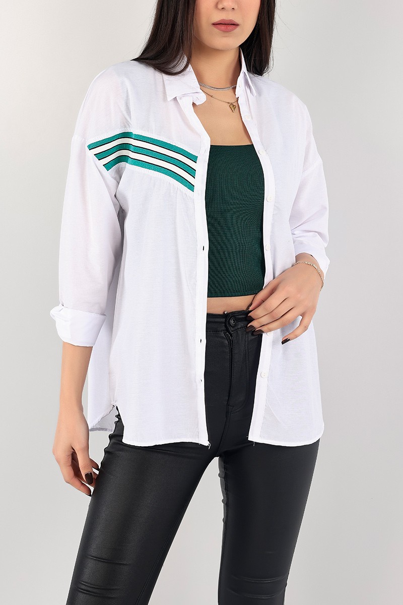 Yeşil Lastik Şeritli Poplin Bayan Gömlek 104241