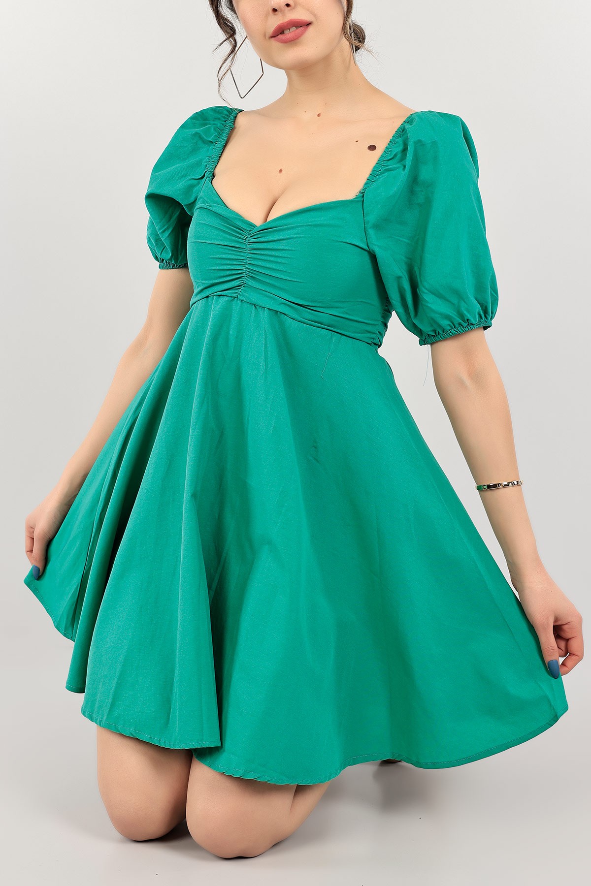 Yeşil Madonna Yaka Poplin Dokuma Elbise 110321
