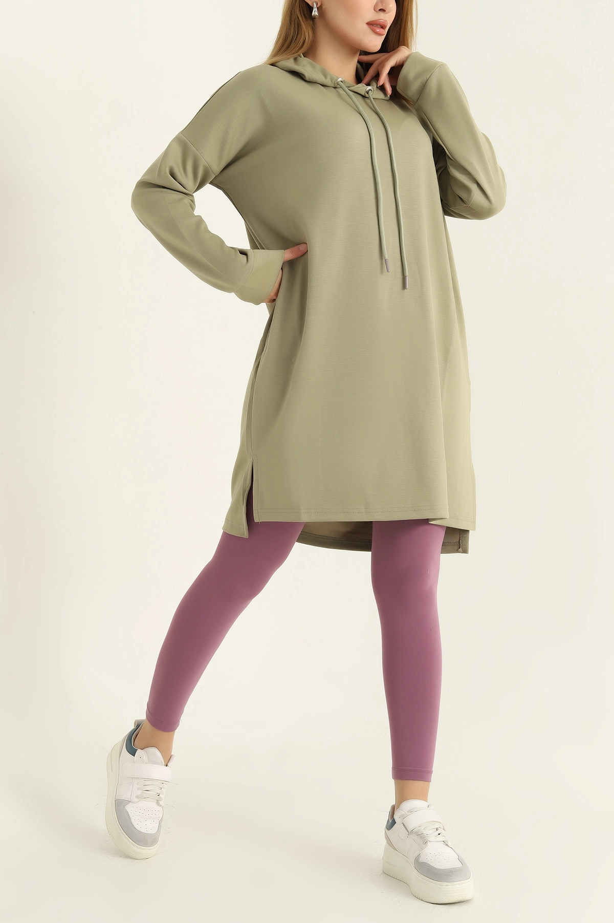 Yeşil Modal Kumaş Kapüşonlu Sweat Tunik -T 315378