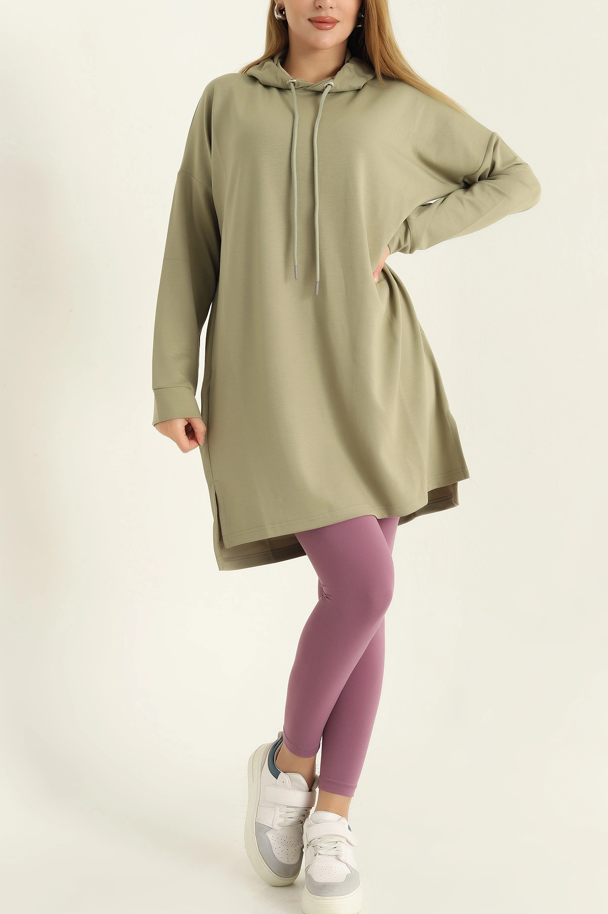 Yeşil Modal Kumaş Kapüşonlu Sweat Tunik -T 315378
