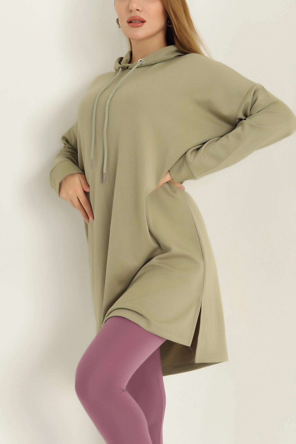 Yeşil Modal Kumaş Kapüşonlu Sweat Tunik -T 315378
