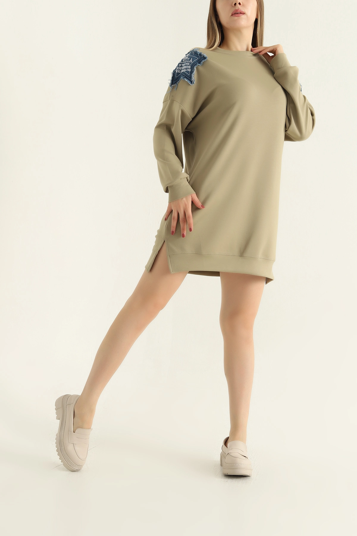 Yeşil Modal Kumaş Kot Detay Sweat Tunik 302645