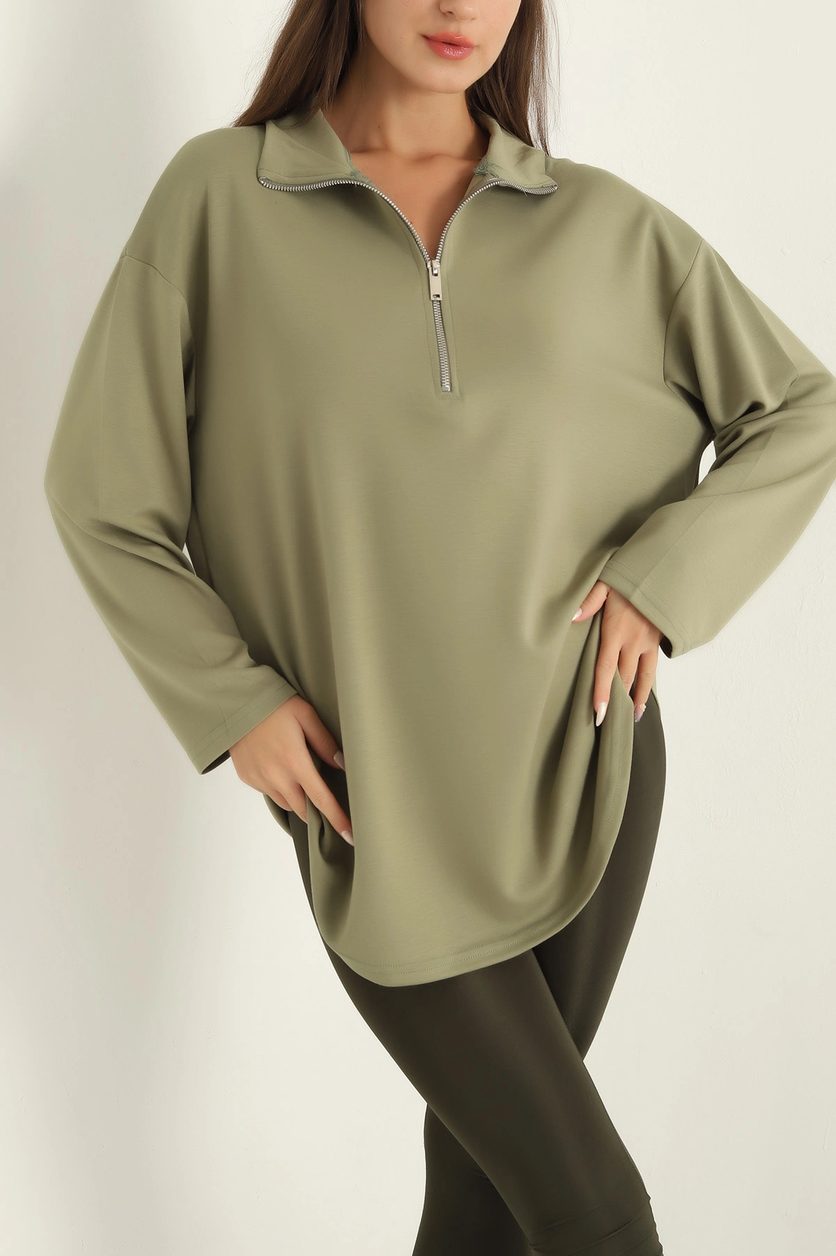 Yeşil Modal Yarım Fermuarlı Sweat Tunik 292503