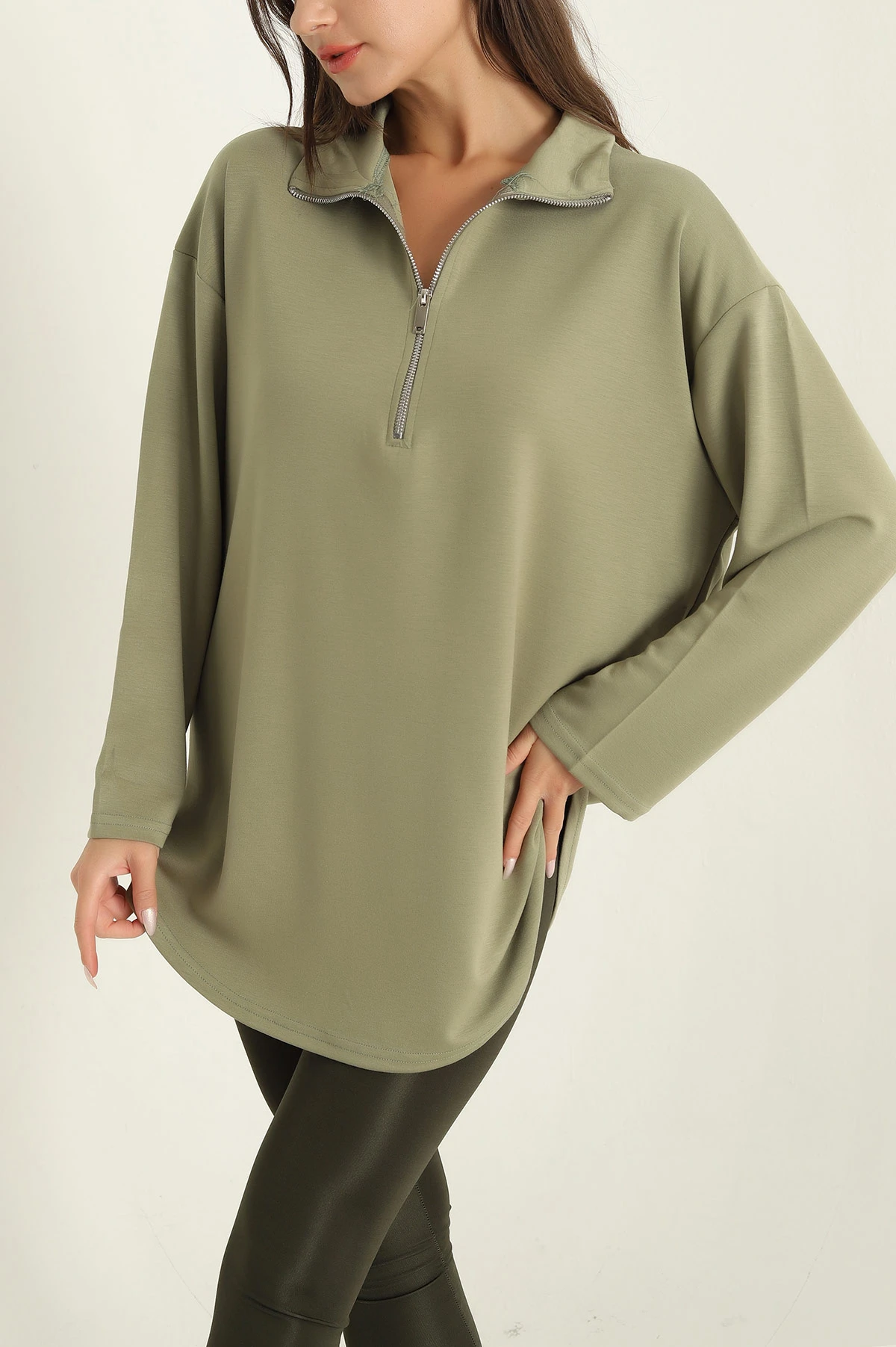 Yeşil Modal Yarım Fermuarlı Sweat Tunik 292503