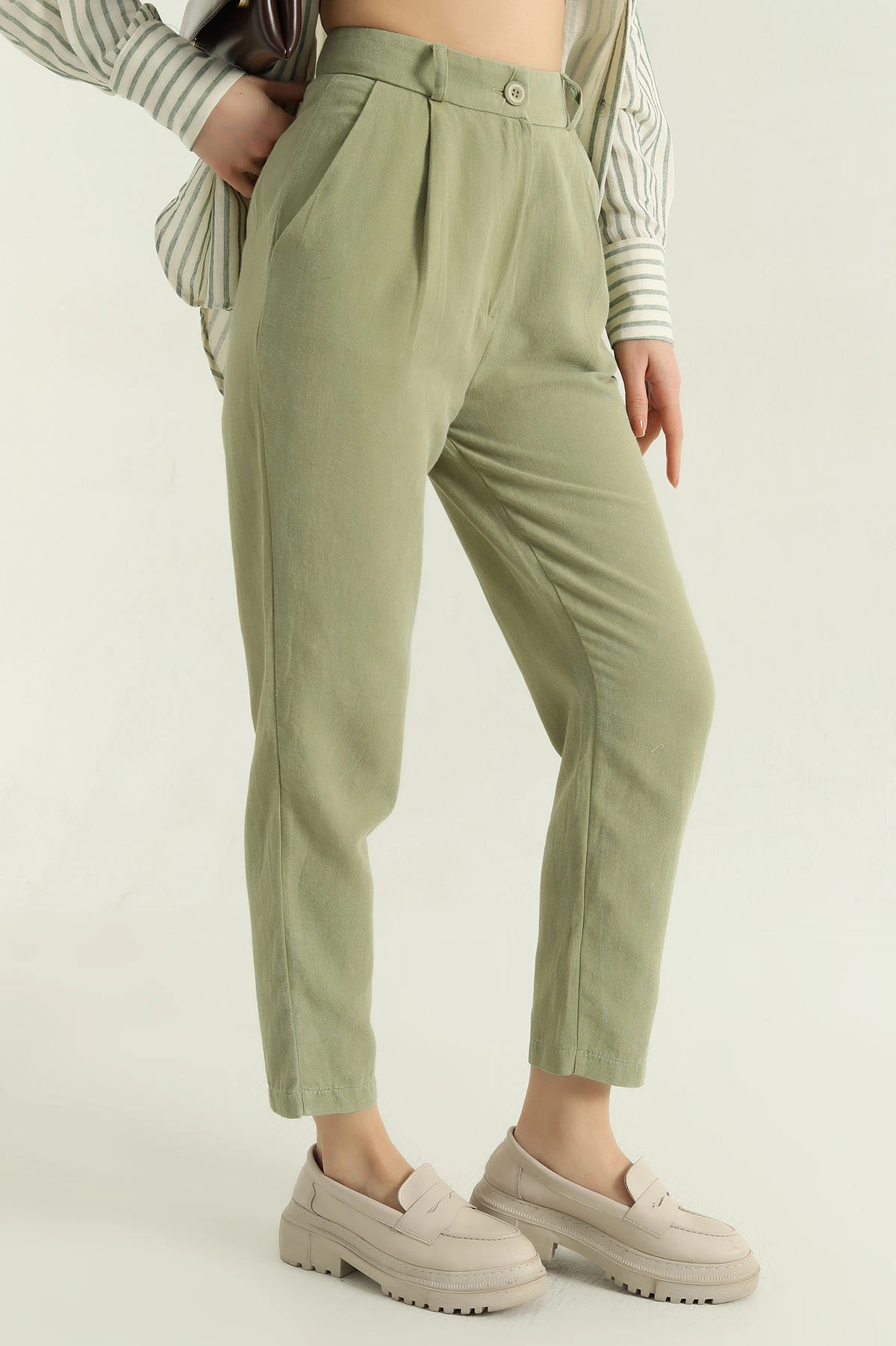 Yeşil Mom Cepli Bayan Keten Pantolon 336953