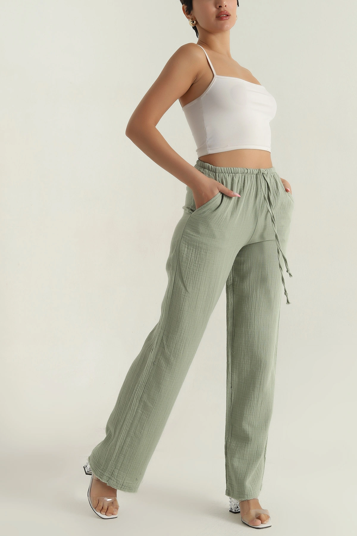 Yeşil Müslin Keten Kadın Pantolon 377403