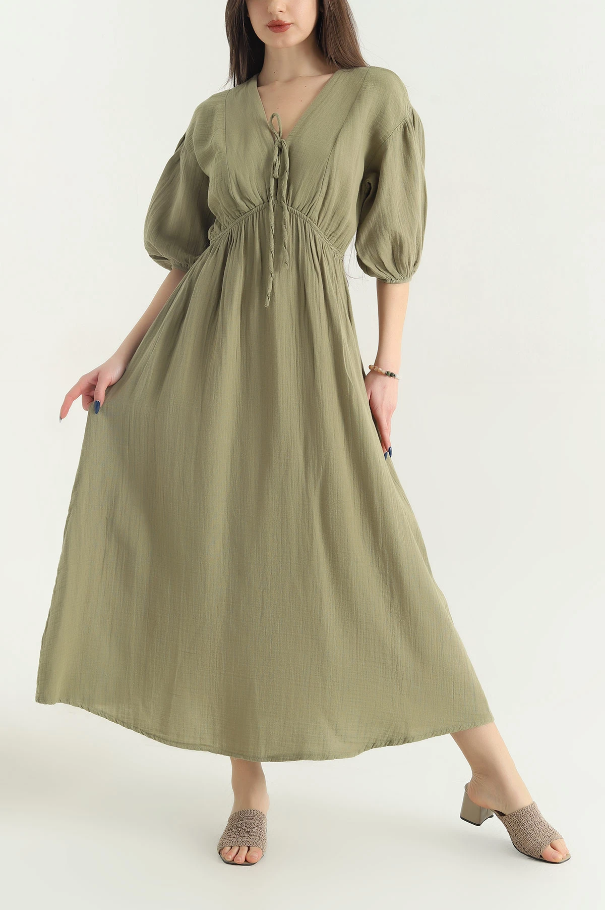 Yeşil Müslin Kumaş Beli Lastikli Kadın Elbise 341844