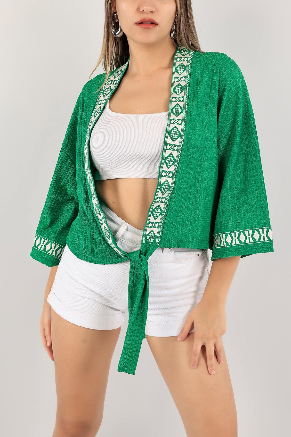 Yeşil Nakış İşlemeli Bağlamalı Krinkıl Kimono 118410